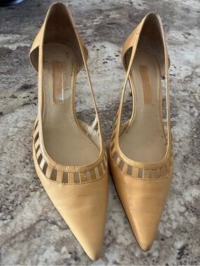 Bandolier Pointed Slingback Heels in Light Mustard
